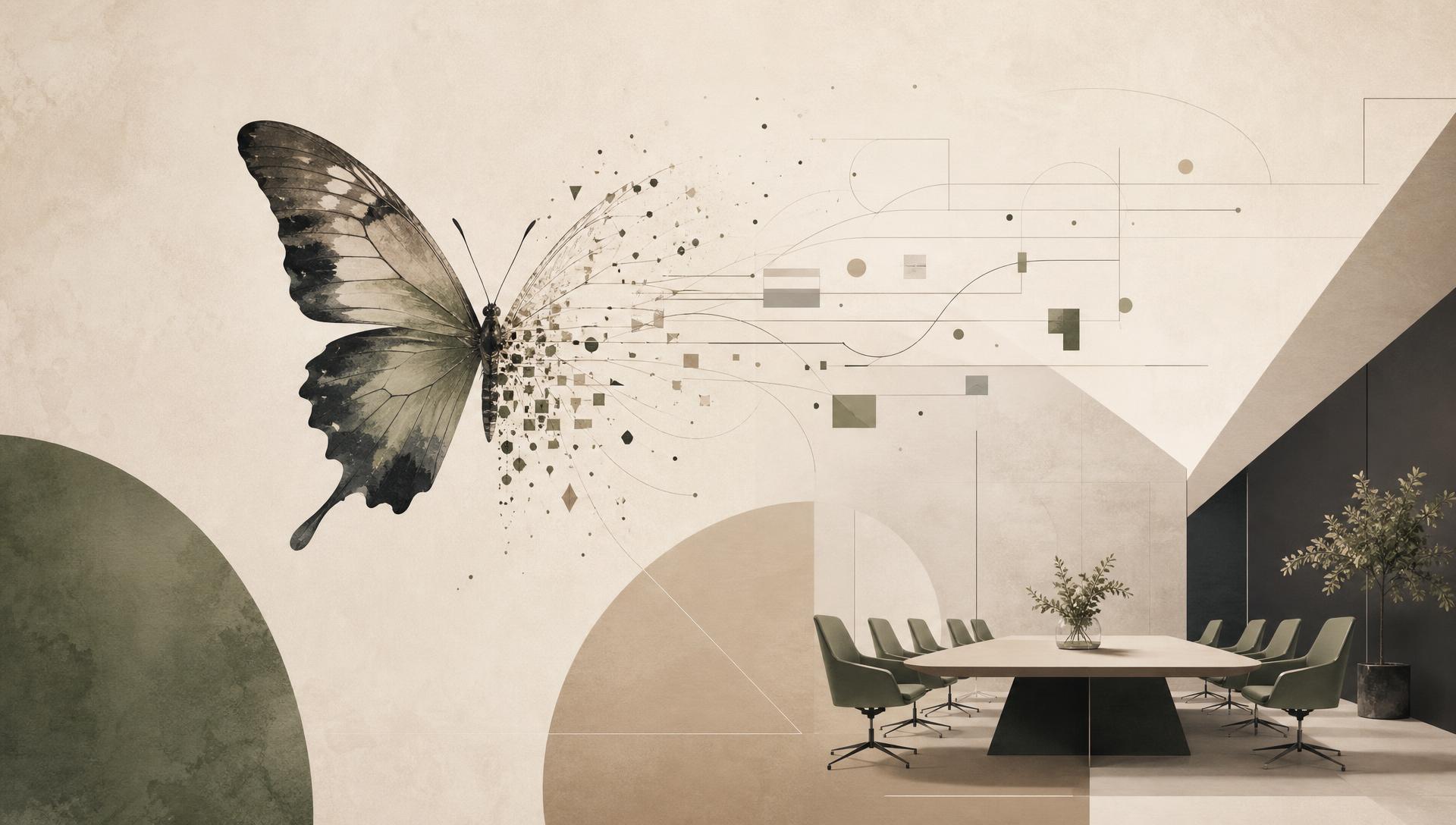 Abstract butterfly dissolving into calm boardroom geometry